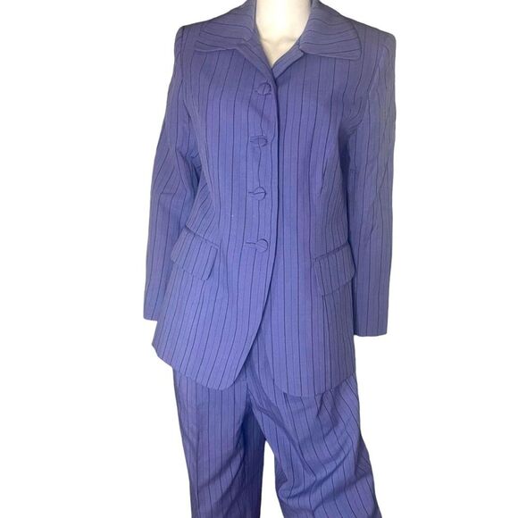 Vitg 80s Blue Pinstriped Pant Suit Sz 8 Power Chick Office Babe - Picture 2 of 2